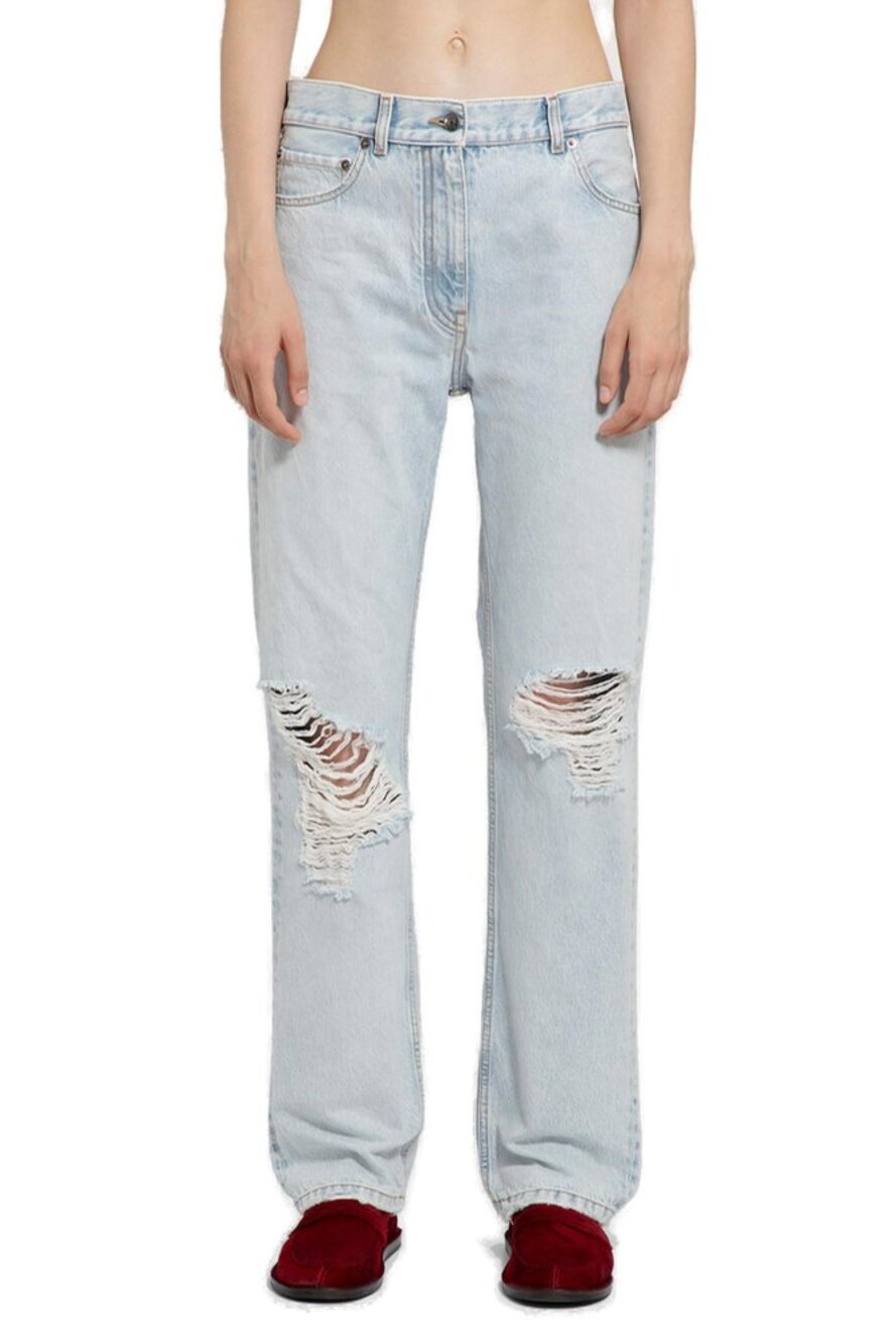 THE ROW Light Wash Burty Distressed Straight Leg Jeans 2 Relaxed Polyester Denim